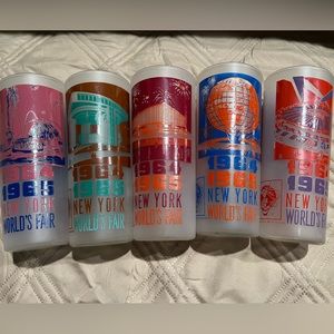 New York WORLD'S Fair 1964-65 Glass Cups w Printed Designs (5 of them)